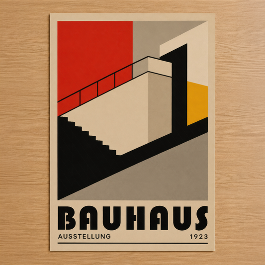 Bauhaus 1923 sergisi posteri, geometrik mimari tasarımda kırmızı, sarı ve siyah renklerle modernist estetik.