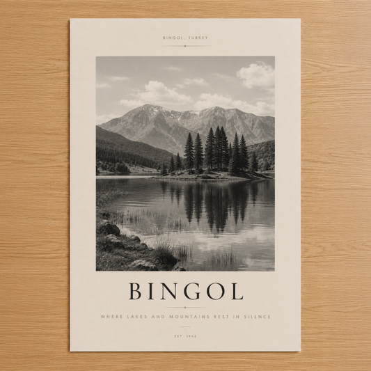 Bingöl, Türkiye'nin sakin gölü ve dağlarını siyah beyaz sanat baskısıyla yansıtan minimalist poster tasarımı.