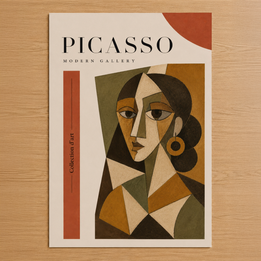 Picasso Modern Gallery posterinde kübist tarzda geometrik yüz tasarımı, terrakota ve toprak tonlarıyla sanat koleksiyonu.