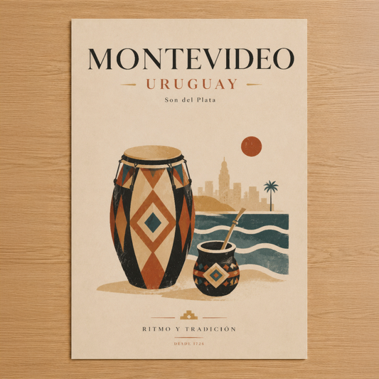 Montevideo Uruguay temalı sanat posteri, etnik davul ve kültürel motiflerle Güney Amerika'nın ruhunu yansıtan tasarım.
