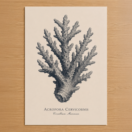 Acropora Cervicornis mercan desenli vintage stil duvar tablosu, nötr zemin üzerine detaylı siyah gravür.