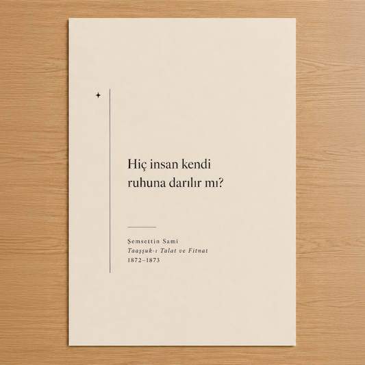 Semsettini Sami'nin klasik sorusunu bare tasarımla sunan minimalist poster, krem zemin üzerinde siyah tipografi.
