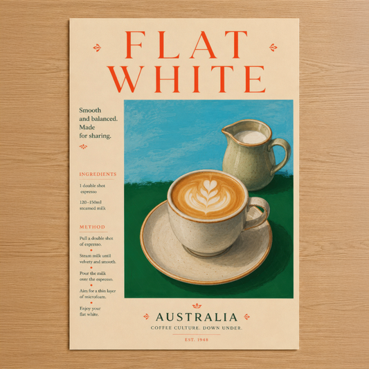 Flat White tablosu, Avustralya kahve kültürünü retro tasarımla anlatan, sıcak renkli ve ilham verici duvar dekoru.