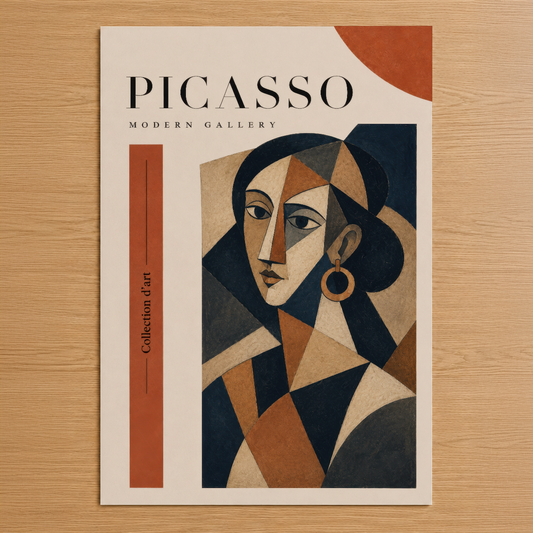 Picasso Modern Gallery tablosunun 90 derece açılı yüz, geometrik şekiller ve terrakota-lacivert renk paletine sahip soyut