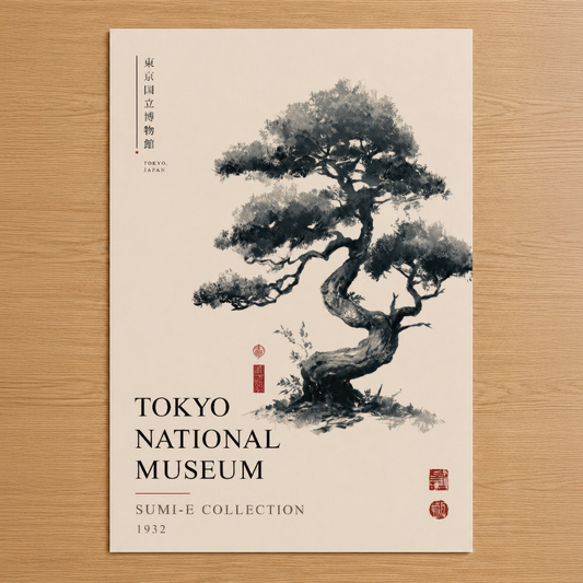 Tokyo Müzesi koleksiyonundan ilham alan, sumi-e stilinde zarif bir bonsai ağacı tasarımı içeren sanat posteri.