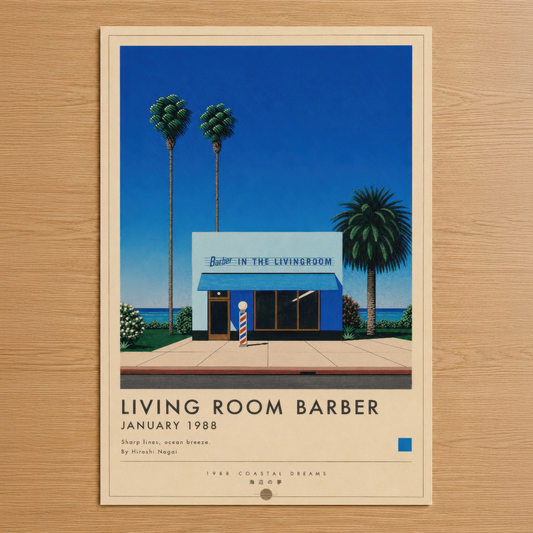 Living Room Barber 1988 posteri, mavi gökyüzü altında minimalist berber dükkanını gösteren retro sanat tablosu.