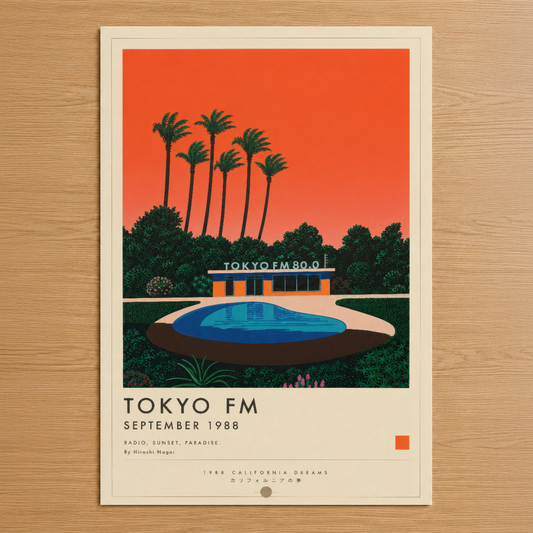 1988 Tokyo FM posteri, eriyen kırmızı gökyüzü, palmiye ağaçları ve futuristik havuz binası tasarımı.
