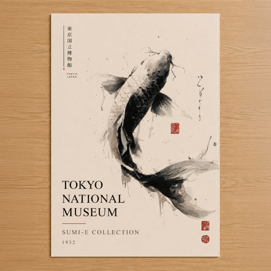 1932 Tokyo Ulusal Müzesi Sumi-e koleksiyonundan ilham alan, siyah mürekkeple çizilmiş zarif balık motifli sanat tablosu.