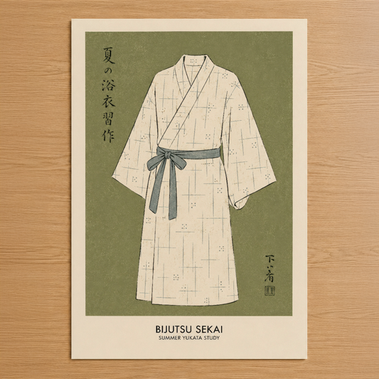 Japon tarzı yukata tasarım çalışması, krem rengi kumaş üzerine mavi kuşak detayı ve yeşil arka plan