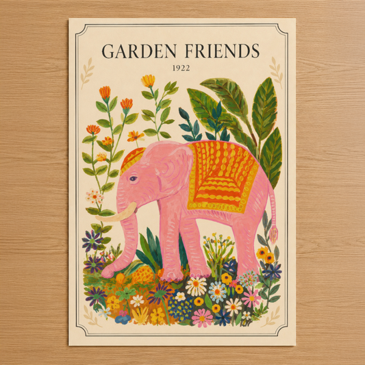 Vintage tarzda 1922 tasarımlı Garden Friends tablosu, pembe fil ve canlı çiçek motifli dekoratif poster.