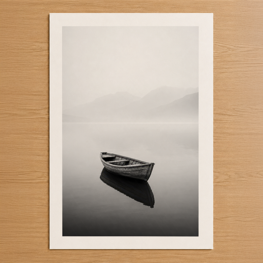 Sakin suların üzerinde yalnız bir teknesi gösteren minimalist siyah-beyaz fotoğraf baskısı.