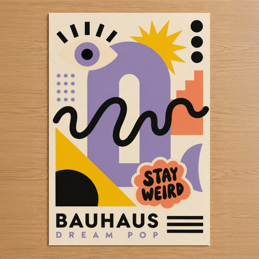 Bauhaus stilinde renkli soyut tasarım, mor şekiller, sarı güneş ve Stay Weird yazısıyla modernist poster