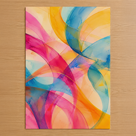 Canlı renkli soyut tasarım, pembe, mavi, sarı ve turuncu dalgaların harmonik akışını gösteren modern sanat tablosu.