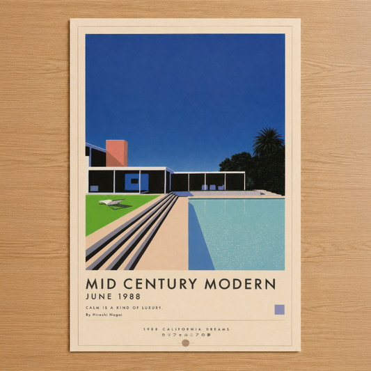 1988 California Dreams koleksiyonundan, Hiroshi Nagai imzalı Mid Century Modern stil poster, çizim tarzında havuz ve