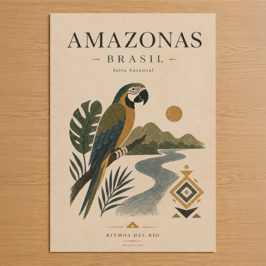 Amazonas Brasil temalı sanat tablosu, renkli papağan ve tropikal orman manzarası içeren bohem tasarım.