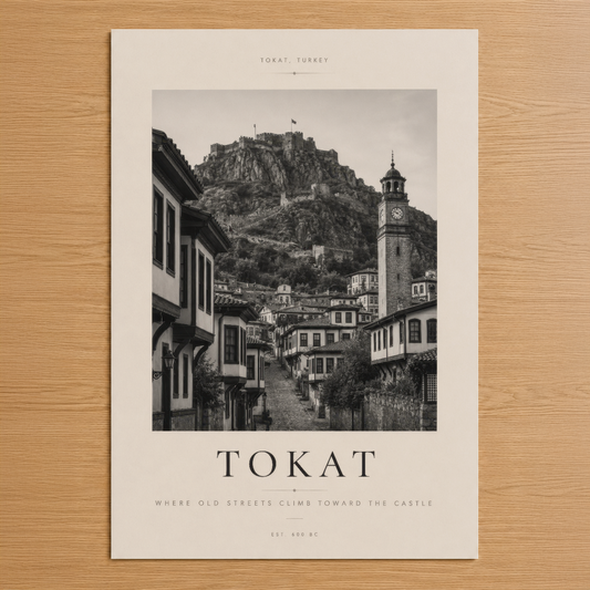 Tokat'ın tarihi sokakları ve kale manzarasının siyah beyaz sanat tablosu, klasik tasarım ve nostaljik atmosfer