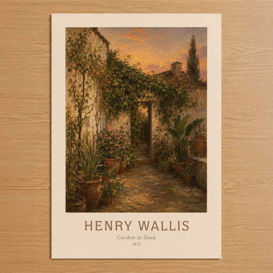 Henry Wallis'in 1872 tarihli Gün Batımında Bahçe adlı, sarmaşık örtülü eski bir avluyu gözler önüne seren romantik tablosu.