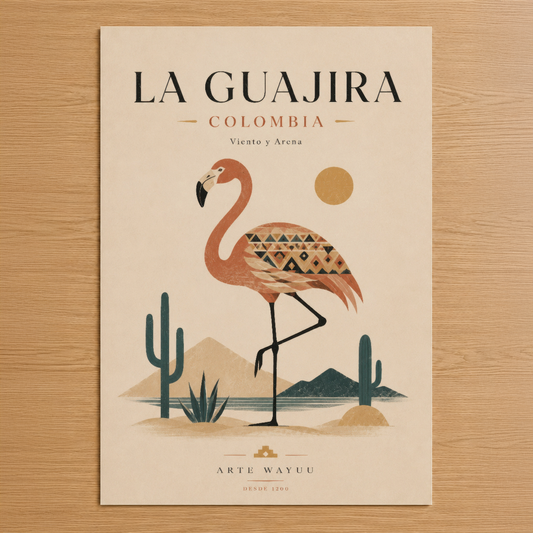 La Guajira Colombia temalı minimalist sanat tablosu, stilize flamingo ve çöl manzarası deseniyle.