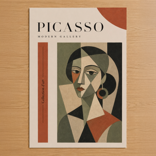 Picasso Modern Gallery koleksiyonundan, geometrik yüz portresi tablosu, terracotta ve haki tonlarında sanat eseri.