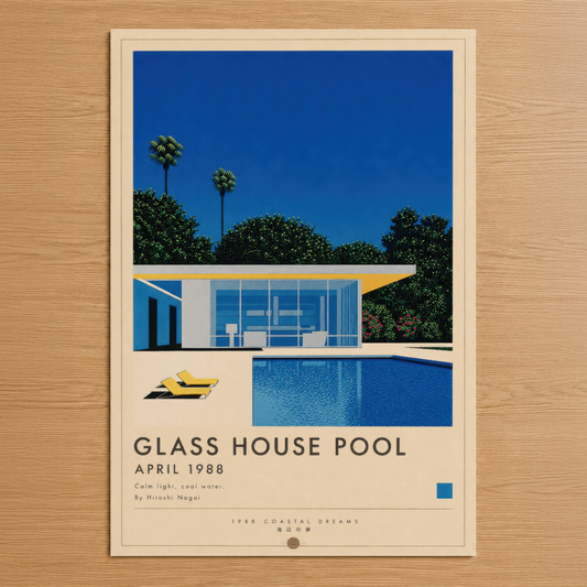 Retro stil Glass House Pool posteri, canlı mavi gökyüzü, palmiye ağaçları ve havuzlu modernist evi gösteren 1988 tasarımı.
