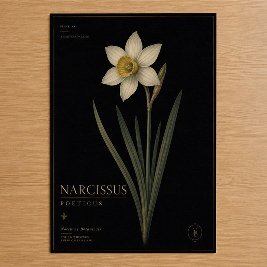 Botanik tarzda tasarlanmış Narcissus Poeticus tablosu, siyah zemin üzerinde beyaz ve sarı çiçek motifi.