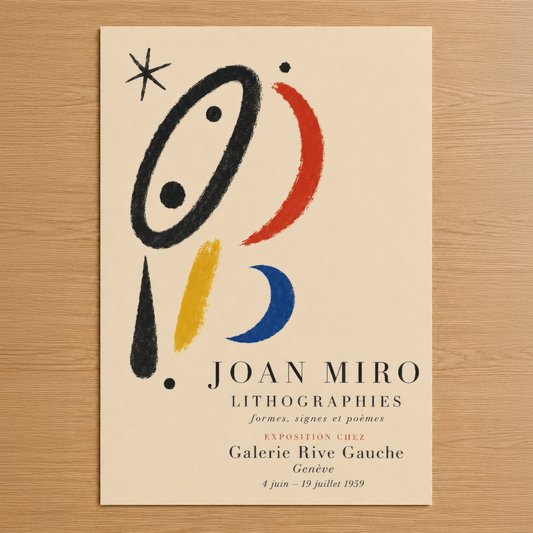Joan Miro'nun ikonik Lithographies sergisi afiş tasarımı, siyah, kırmızı, sarı ve mavi geometrik şekillerle soyut modernist