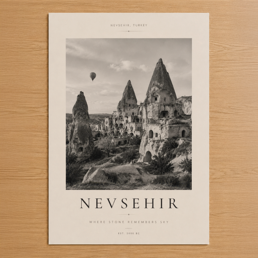 Nevsehir Türkiye posteri, siyah beyaz taş formasyonları ve balonla etkileyici manzara tasarımı