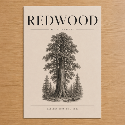 Redwood Quiet Majesty tablosu, dev koruyu ele alan zarif siyah beyaz ağaç tasarımı, sanat baskısı.