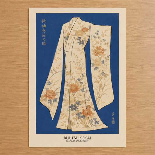 Çiçek desenli kimono tasarımını gösteren Bijutsu Sekai poster, koyu mavi fonda zarif Japon sanat yapıtı.