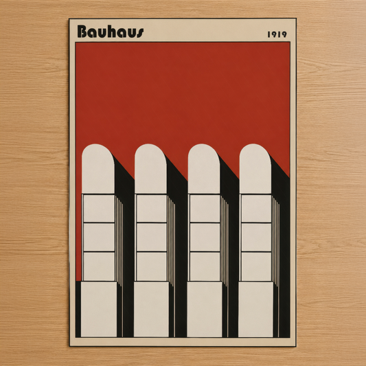 Bauhaus 1919 tasarımıyla, kırmızı zemin üzerinde siyah ve beyaz geometrik pencere formları olan ikonik modern sanat tablosu.
