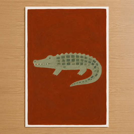 Terrakotta arka funda, minimalist stil timsah tasarımı ile retro sanat tablosu.