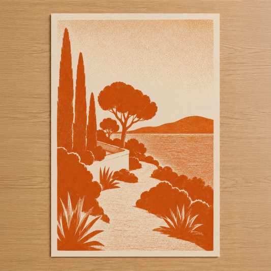 Akdeniz manzarası, portakal tonlarında stilize ağaçlar ve sarmaşık yolu, retro sanat tarzında.