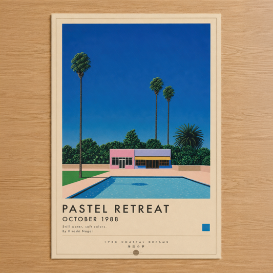 Pastel Retreat, 1988 - retro stil duvar tablosu. Açık mavi gökyüzü altında palmiye ağaçları ve yüzme havuzu olan modernist