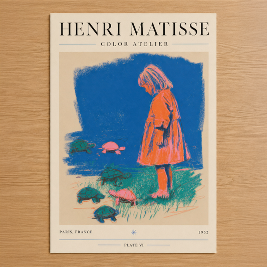 Matisse'in 1952 Color Atelier koleksiyonundan, turuncu elbiseli çocuk ve kaplumbağaları gösteren canlı renkli sanat tablosu.