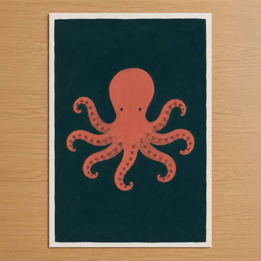 Mercan renkli ahtapot figürü, koyu yeşil zemin üzerinde minimalist tarzda sanatsal bir poster tasarımı.