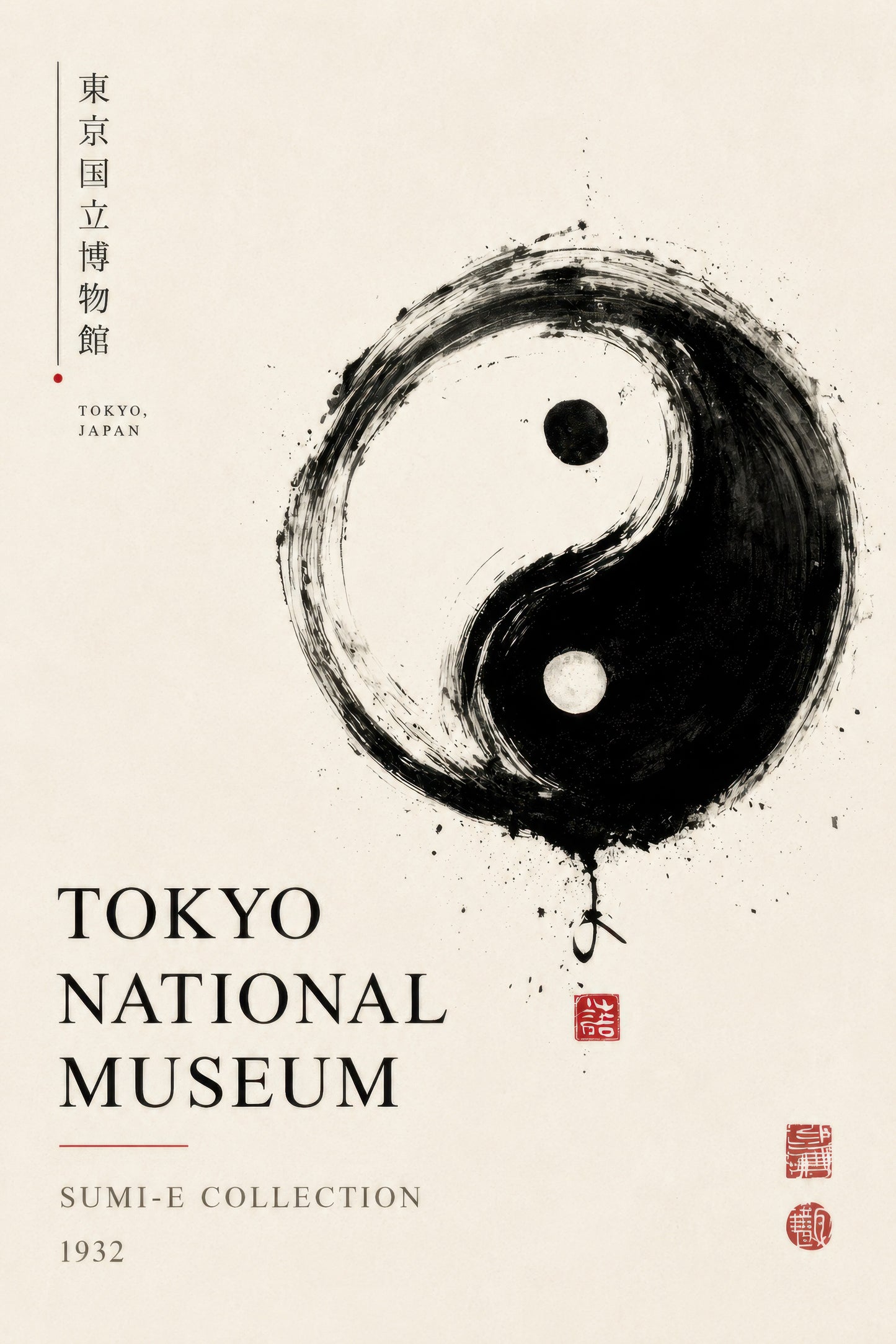Siyah Beyaz Yin Yang Japon Sanatı Sumi-e Duvar Tablosu