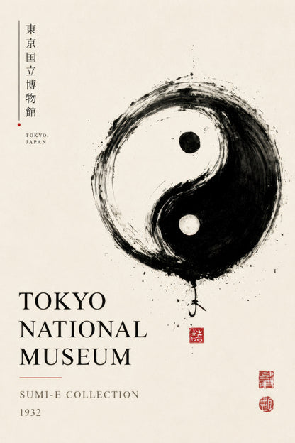 Siyah Beyaz Yin Yang Japon Sanatı Sumi-e Duvar Tablosu