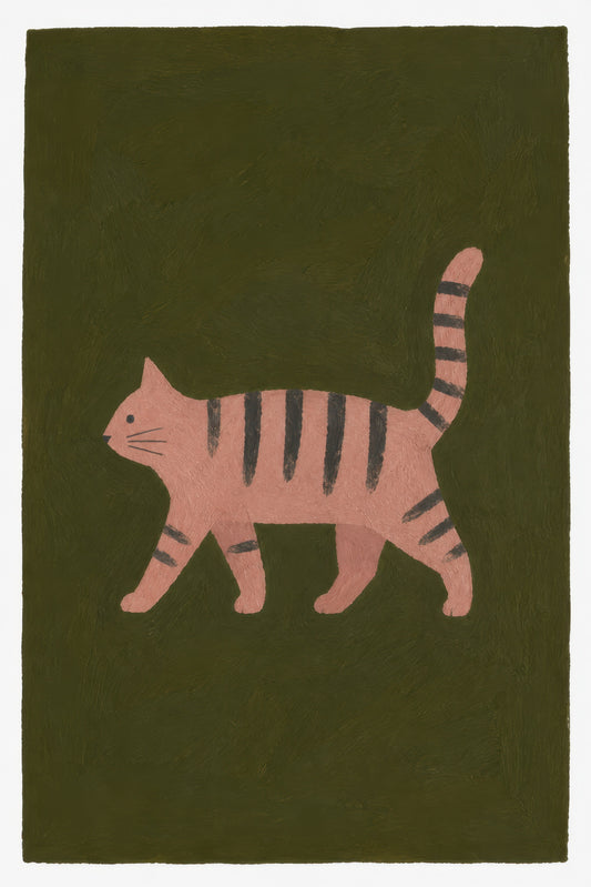 Pembe Zeytin Yeşili Çizgili Kedi Minimalist Duvar Tablosu