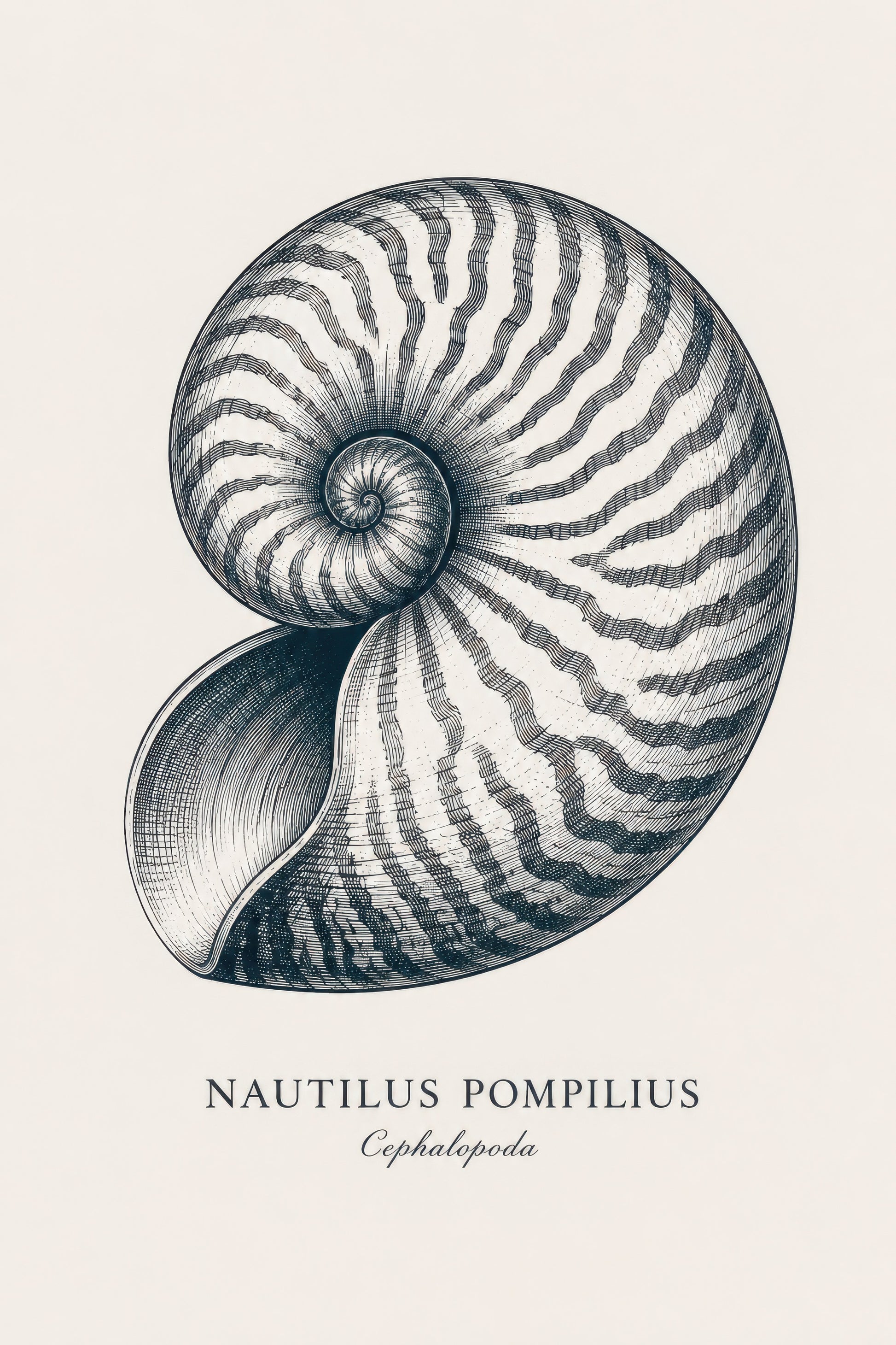 Gri Bej Nautilus Kabuğu Botanik Gravür Duvar Tablosu