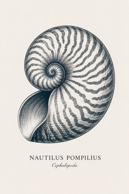 Gri Bej Nautilus Kabuğu Botanik Gravür Duvar Tablosu
