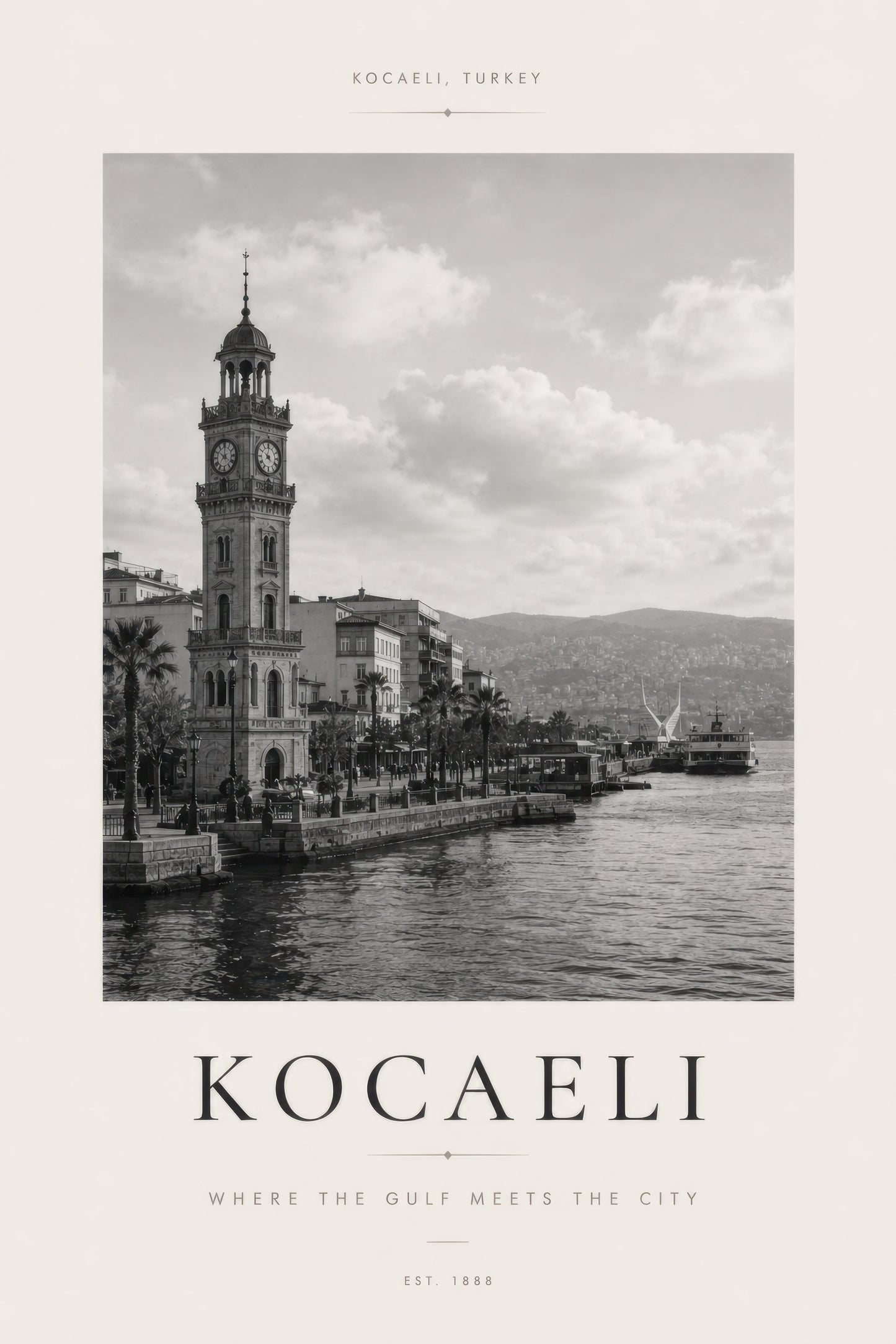 Gri Beyaz Kocaeli Saat Kulesi Nostaljik Şehir Manzarası Duvar Tablosu