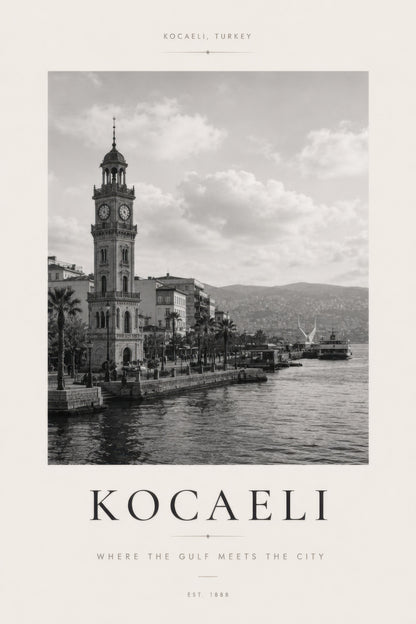 Gri Beyaz Kocaeli Saat Kulesi Nostaljik Şehir Manzarası Duvar Tablosu