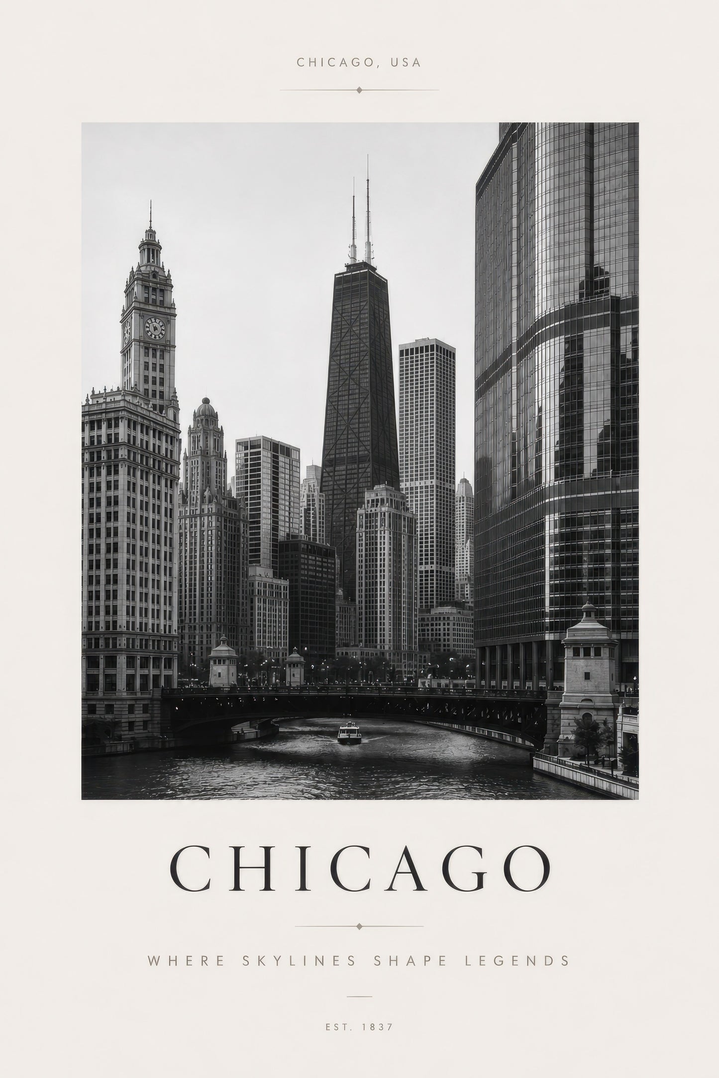 Siyah Beyaz Chicago Gökdelen Manzarası Minimalist Duvar Tablosu