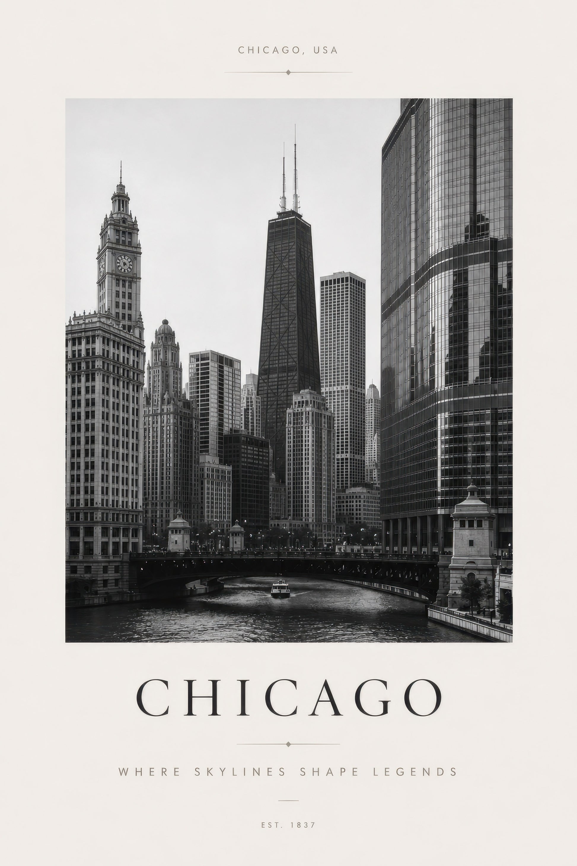 Siyah Beyaz Chicago Gökdelen Manzarası Minimalist Duvar Tablosu