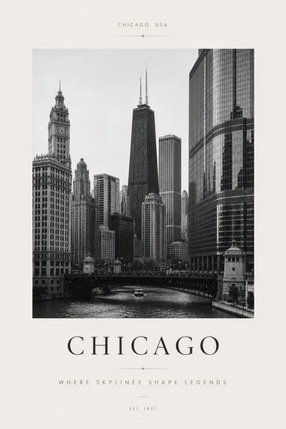 Siyah Beyaz Chicago Gökdelen Manzarası Minimalist Duvar Tablosu