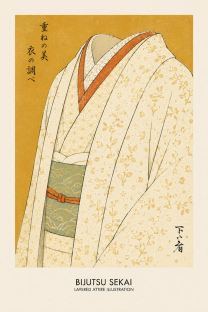 Altın Krem Geleneksel Japon Kimono İllüstrasyon Duvar Tablosu