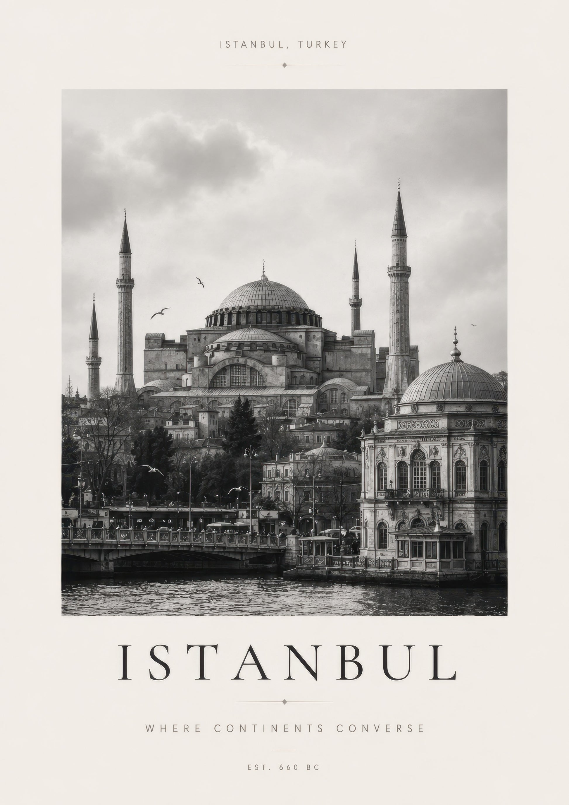 Siyah Beyaz İstanbul Ayasofya Manzarası Minimalist Duvar Tablosu
