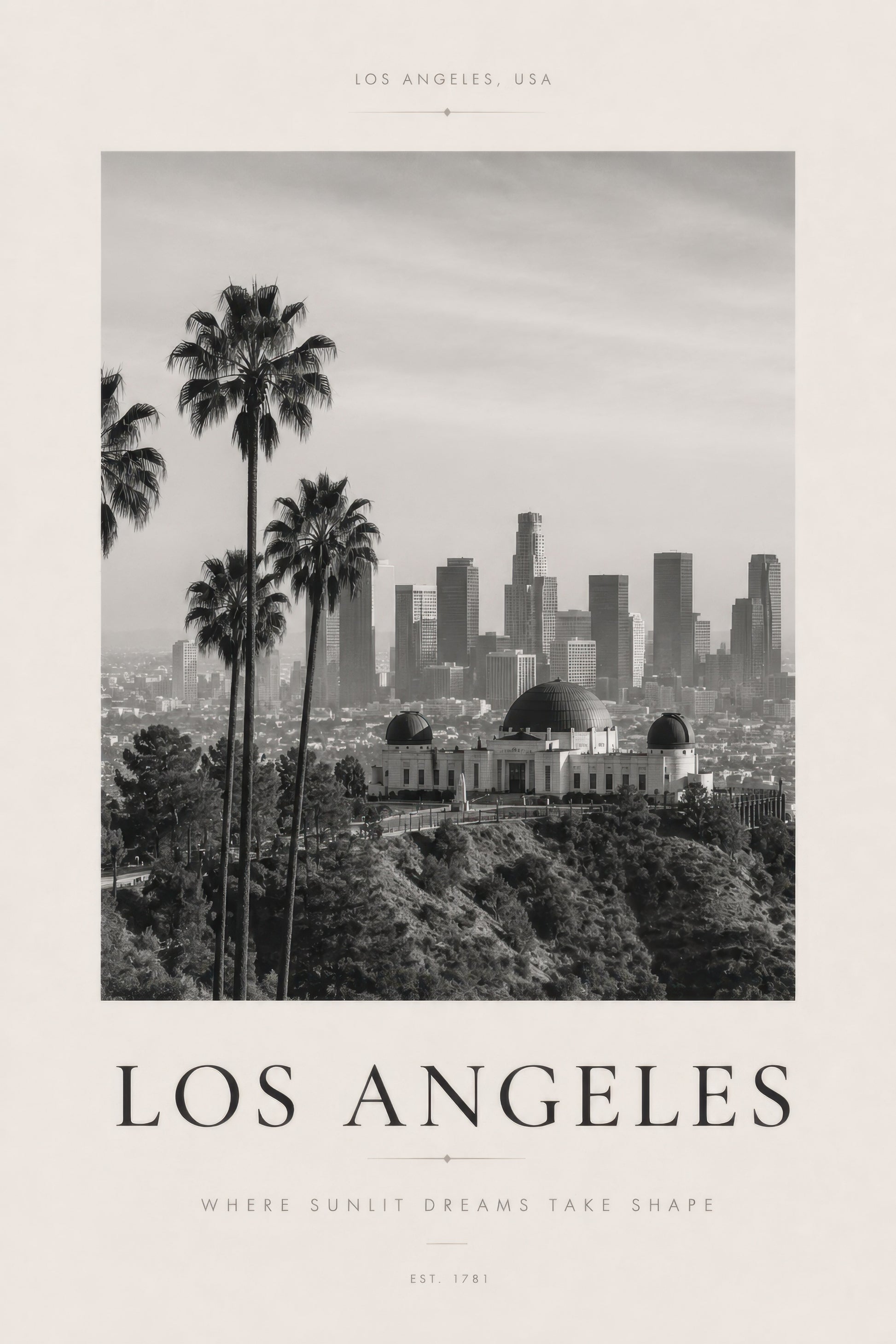 Siyah Beyaz Los Angeles Şehir Silueti Minimalist Duvar Tablosu