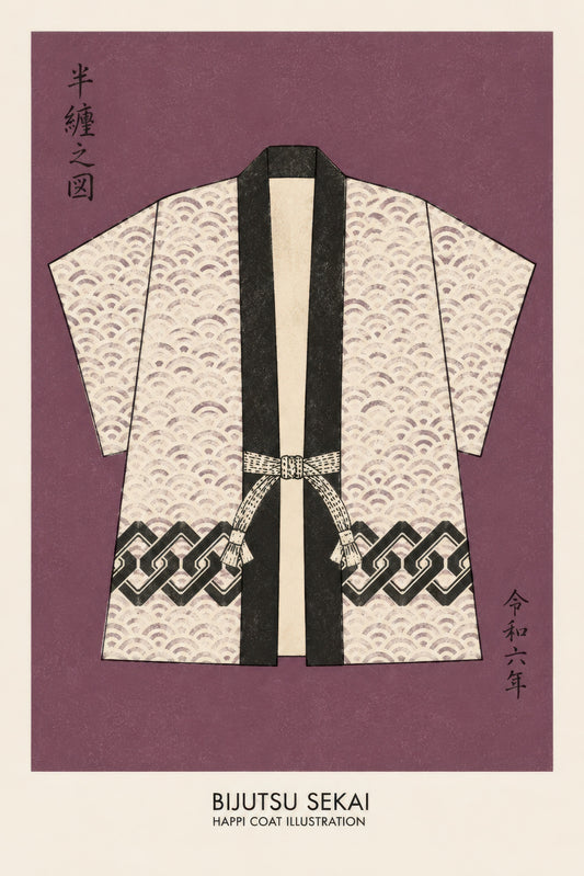Mor Krem Japon Geleneksel Kimono Illüstrasyonu Duvar Tablosu