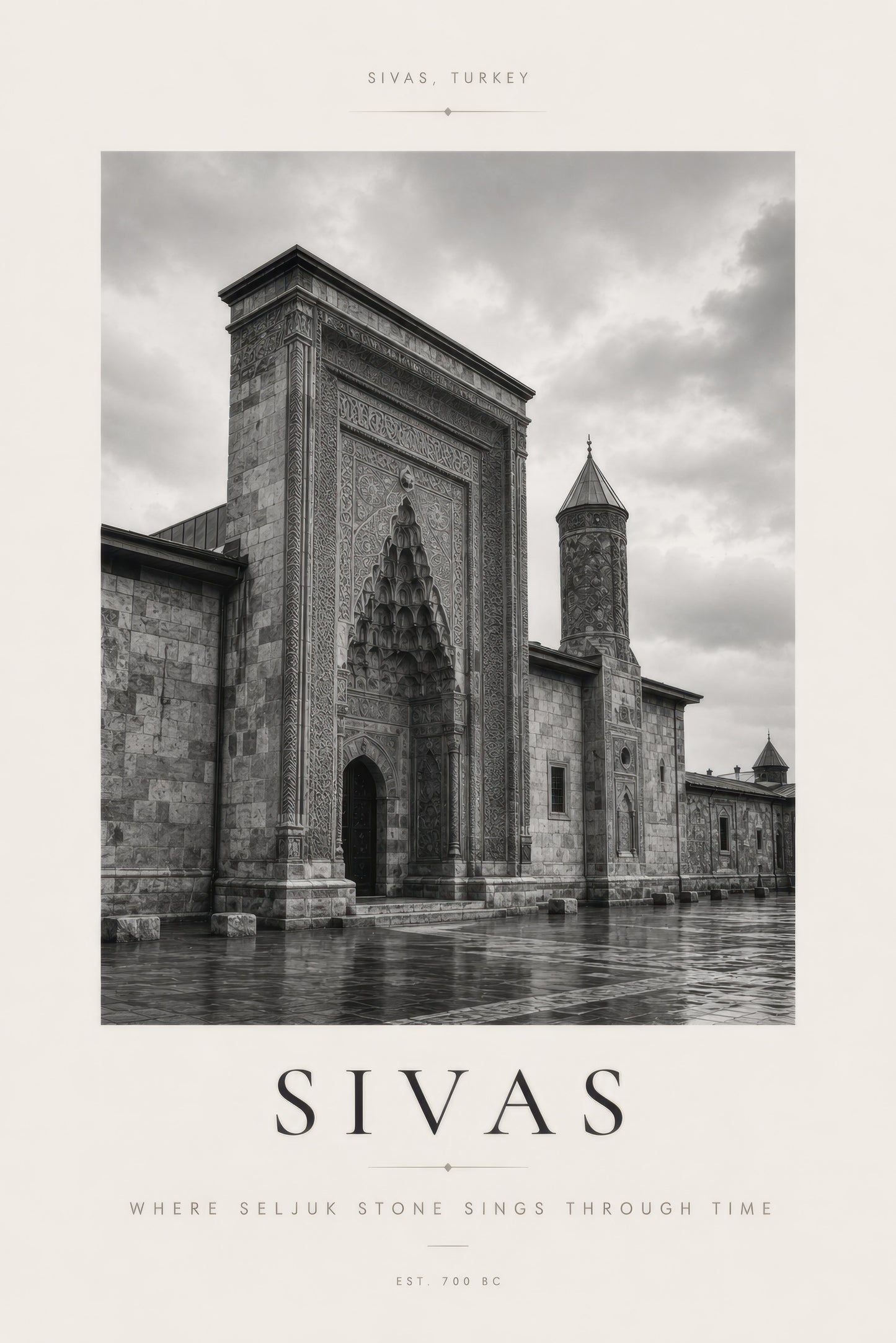 Gri Beyaz Sivas Tarihi Mimari Siyah Beyaz Duvar Tablosu